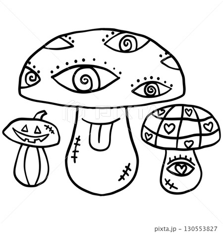 halloween cute cartoon. Three surreal mushrooms with eyes, patterns, and whimsical decorations. In groovy boho halloweeen doodle line graphic 130553827