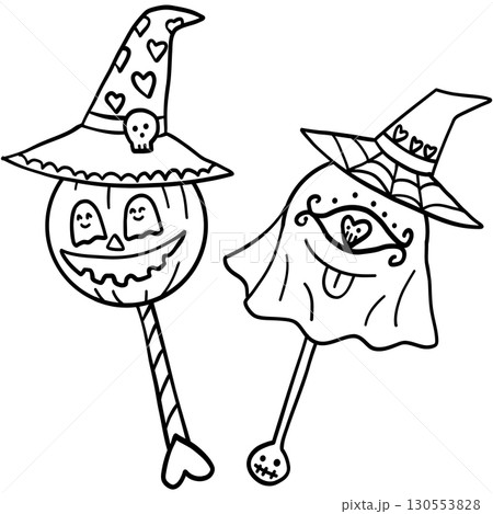halloween cute cartoon. Two Halloween lollipops with witch hats and spooky faces in black and white. In groovy boho halloweeen doodle line graphic halloween cute cartoon. Two Halloween lollipops with witch hats and spooky faces in black and white. In groovy boho halloweeen doodle line graphic 130553828