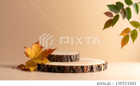Wooden stump with maple leaves on light brown background 130553881