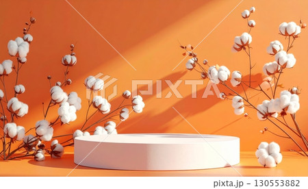 White Podium with Cotton Flowers on Orange Background 130553882