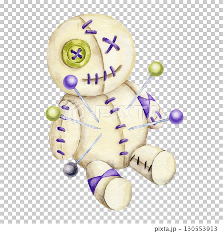 Watercolor clipart voodoo doll with green and purple pins, stitched button face, and patch details. Seamless pattern component for spooky textiles, crafts, or party invites Watercolor clipart voodoo doll with green and purple pins, stitched button face, and patch details. Seamless pattern component for spooky textiles, crafts, or party invites 130553913