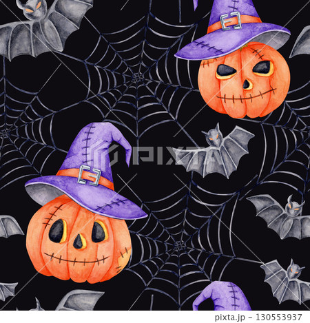 Watercolor clipart of orange pumpkins in witch purple hats with spiderwebs arranged in a seamless pattern on a dark gray background. Suitable for Halloween fabrics, wrapping paper, and printables 130553937