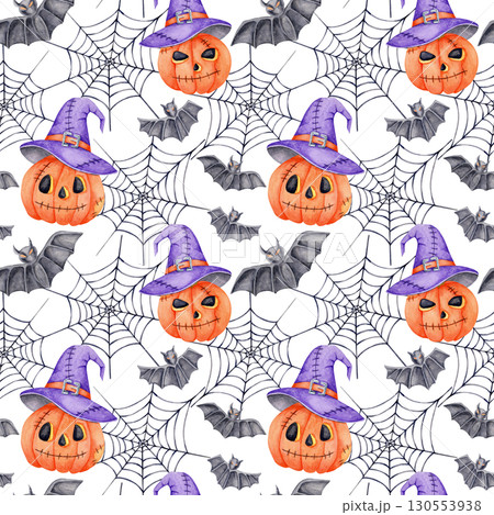 Spooky Halloween seamless pattern with jack o lanterns, witch hats, spiderwebs and bats. Watercolor clipart Perfect for digital planners, fabric, or Halloween packaging. 130553938