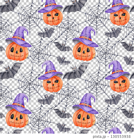 Spooky Halloween seamless pattern with jack o lanterns, witch hats, spiderwebs and bats. Watercolor clipart Perfect for digital planners, fabric, or Halloween packaging. 130553938