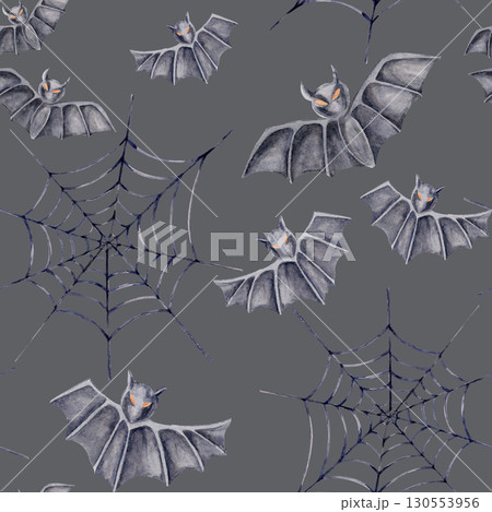 Dark gray background with watercolor clipart bats and spiderwebs in a seamless pattern layout. Suitable for seasonal packaging, party decor, and Halloween fabric printing. 130553956