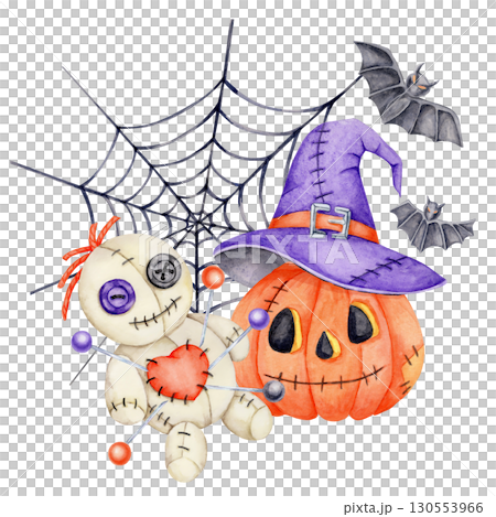 Watercolor clipart of two voodoo dolls with pins, witch hats, spider web, and pumpkin. festive Halloween style item perfect for spooky textile prints, merch, or clipart bundles Watercolor clipart of two voodoo dolls with pins, witch hats, spider web, and pumpkin. festive Halloween style item perfect for spooky textile prints, merch, or clipart bundles 130553966