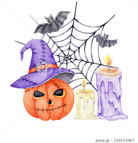Carved pumpkin, tall candles, spider web, and bats with purple witch hat in watercolor clipart. festive Halloween element for themed stationery, notebooks, or decor prints 130553967