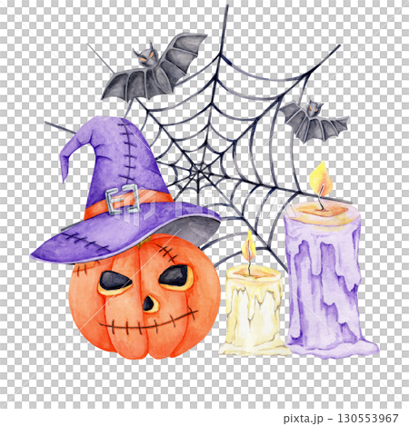 Carved pumpkin, tall candles, spider web, and bats with purple witch hat in watercolor clipart. festive Halloween element for themed stationery, notebooks, or decor prints Carved pumpkin, tall candles, spider web, and bats with purple witch hat in watercolor clipart. festive Halloween element for themed stationery, notebooks, or decor prints 130553967