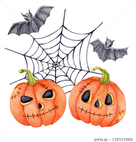 Two orange pumpkins with carved faces, wax candle, and spider web in watercolor clipart. festive Halloween element for spooky party labels, wrapping paper, or scrapbook pages 130553968