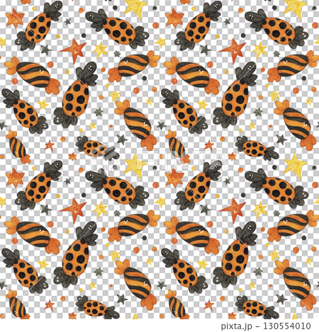 Seamless pattern of candies, confetti and stars yellow, orange and black. Halloween holiday. Watercolor illustration hand drawn. Drawing for paper, textile, invitations. treat, sweets, night, october 130554010