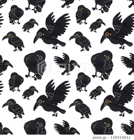 Seamless pattern of different black ravens. Halloween holiday. Watercolor illustration hand drawn. Drawing for paper, textile, invitations. Raven, crow, night, October 130554012
