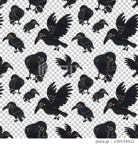 Seamless pattern of different black ravens. Halloween holiday. Watercolor illustration hand drawn. Drawing for paper, textile, invitations. Raven, crow, night, October 130554012