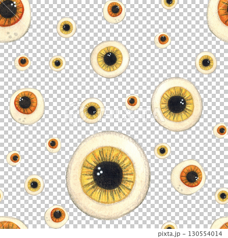 Seamless pattern for Halloween from eyeballs of different sizes in yellow and orange colors. Watercolor illustration hand drawn, cartoon. Drawing for ribbons, invitations, banner. October, holiday,fun Seamless pattern for Halloween from eyeballs of different sizes in yellow and orange colors. Watercolor illustration hand drawn, cartoon. Drawing for ribbons, invitations, banner. October, holiday,fun 130554014