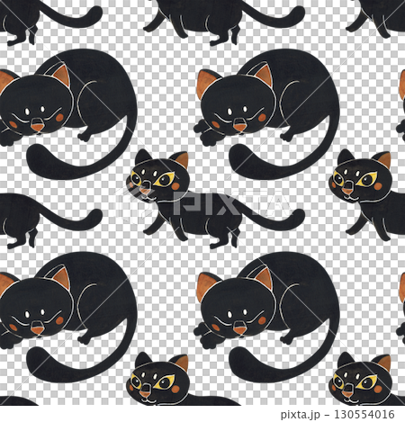 Seamless pattern of different black cats. Halloween holiday. Watercolor illustration hand drawn. Drawing for paper, textile, invitations. Cat, night, October Seamless pattern of different black cats. Halloween holiday. Watercolor illustration hand drawn. Drawing for paper, textile, invitations. Cat, night, October 130554016