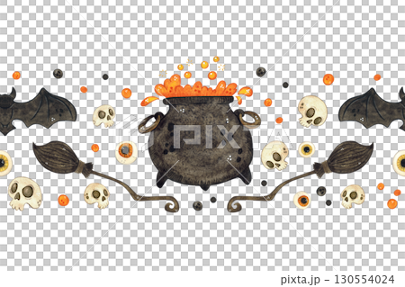 Seamless Halloween border with skulls, potion cauldron, eyes, bats and broom. Watercolor hand drawn illustration, cartoon. Design for ribbons, invitations, banner. October, witch, witchcraft Seamless Halloween border with skulls, potion cauldron, eyes, bats and broom. Watercolor hand drawn illustration, cartoon. Design for ribbons, invitations, banner. October, witch, witchcraft 130554024