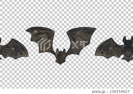 Seamless banner with big black bats for Halloween. Watercolor illustration, hand drawn. Pattern for textile, paper, cards and invitations. Holiday, animals, black 130554027
