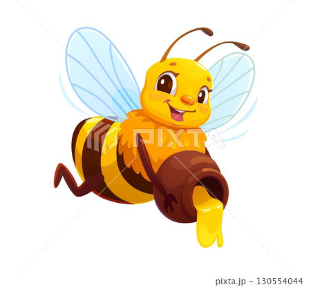 Cartoon honey bee character pouring fresh liquid nectar from honey jar. Isolated cute vector friendly garden insect smiling, delivering sweet apiary product treat, exudes spring beekeeping charm 130554044