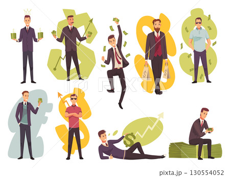Rich people flat cartoon comic elements set, millionaire man money vector illustration 130554052