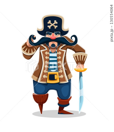 Cartoon pirate corsair character with long curled mustache, and tricorn hat with crossbones. Vector funny sea robber personage with wooden leg, striped shirt, sword and brown jacket vintage costume 130554064