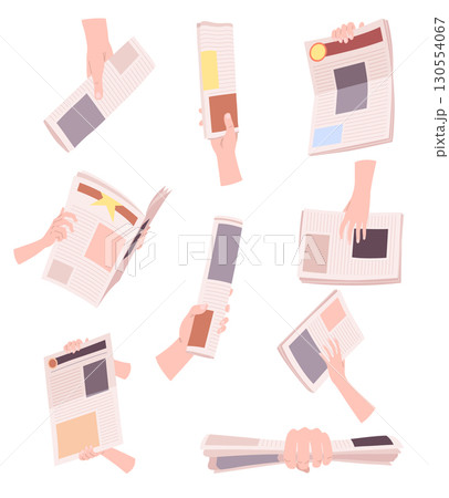 Cartoon newspaper in hands. Morning press and news journals folded and opened, business man hands with paper journal, daily news concept. Vector illustration. 130554067