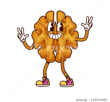 Cartoon groovy walnut nut character is smiling and flashing peace gestures, showcasing healthy and energetic y2k vibes. Isolated vector lively seed or kernel personage posing with gloves and sneakers Cartoon groovy walnut nut character is smiling and flashing peace gestures, showcasing healthy and energetic y2k vibes. Isolated vector lively seed or kernel personage posing with gloves and sneakers 130554083