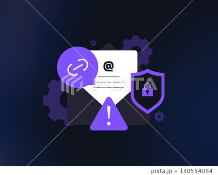 Phishing email alert with warning sign, security shield and suspicious link detection. Phishing e-mail concept for online protection and cyber awareness in digital communication. Vector illustration Phishing email alert with warning sign, security shield and suspicious link detection. Phishing e-mail concept for online protection and cyber awareness in digital communication. Vector illustration 130554084
