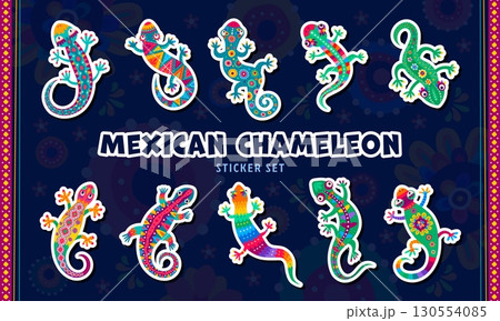 Cartoon Mexican chameleons stickers pack. Vibrant vector set of patches featuring colorful lizards or reptiles decorated with traditional folk art patterns and intricate floral or geometric motifs Cartoon Mexican chameleons stickers pack. Vibrant vector set of patches featuring colorful lizards or reptiles decorated with traditional folk art patterns and intricate floral or geometric motifs 130554085