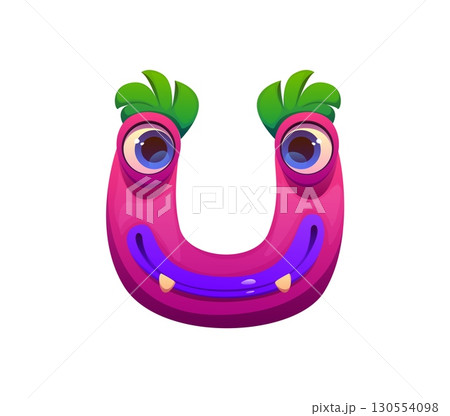 Bizarre monster character cartoon font letter U. Strange bugaboo creature English alphabet symbol, bizarre scarecrow cartoon vector kids ABC type letter. Crazy fantasy monster character font sign 130554098