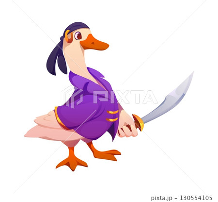 Cartoon duck bird pirate character. Isolated vector stylish corsair dressed in purple coat and bandana, confidently holding a sword. playful avian personage exudes seafaring spirit for adventure game Cartoon duck bird pirate character. Isolated vector stylish corsair dressed in purple coat and bandana, confidently holding a sword. playful avian personage exudes seafaring spirit for adventure game 130554105