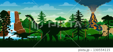 Dinosaurs silhouettes on prehistoric volcano landscape, lush greenery and cascading waterfall representing ancient Earth nature and primal survival scene with Jurassic era wildlife and dino animals 130554115