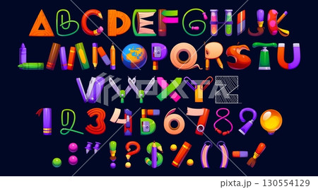 School education font, cartoon funny kid typeface, creative typography type, english alphabet of school stationery letters and numbers. Vector typography abc characters, student books, pencils, tools School education font, cartoon funny kid typeface, creative typography type, english alphabet of school stationery letters and numbers. Vector typography abc characters, student books, pencils, tools 130554129
