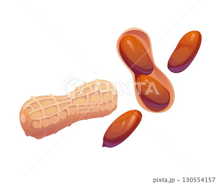 Cartoon whole and shelled peanuts, showing textured shells and shiny brown nuts, cooking process. Isolated vector snack, nutrition, food cook or baking scene with healthy natural seed ingredients 130554157