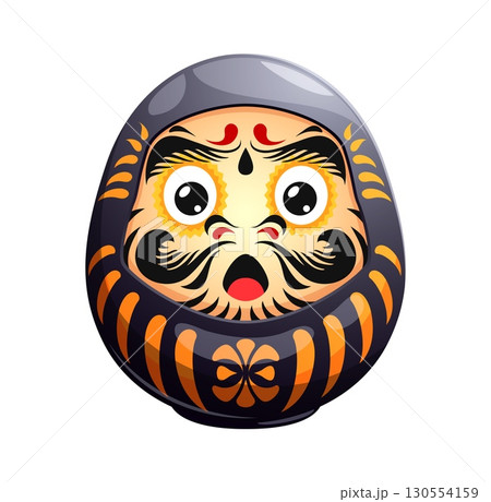 Cartoon funny black Japanese Daruma doll with surprised expression, wide eyes and open mouth. Vector character with traditional mustache and eyebrows. Asian cultural symbol with comic emotional face Cartoon funny black Japanese Daruma doll with surprised expression, wide eyes and open mouth. Vector character with traditional mustache and eyebrows. Asian cultural symbol with comic emotional face 130554159