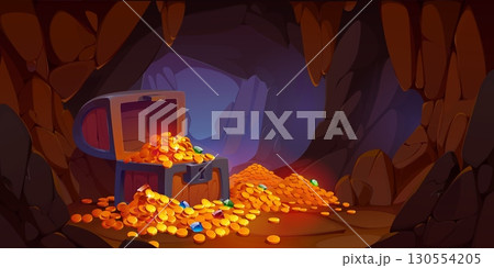 Pirate treasure cave with wooden chest, golden coins and crystal gems spilling from an open trunk, surrounded by jagged rocks. Cartoon vector game scene background evokes adventure and hidden riches 130554205