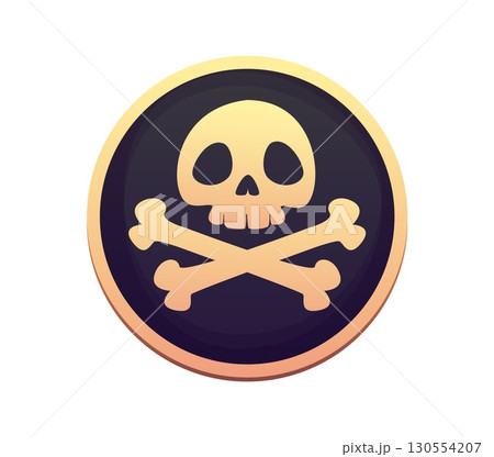 Cartoon skull and crossbones pirate signboard, frame and heraldry icon with circular black background. Vector symbol of danger, poison, or corsairs for games, warnings, or spooky Halloween badge 130554207