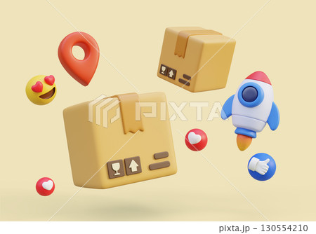 cartoon style Package Box with rocket 3D graphic 130554210