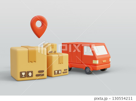 cartoon style Package Box with delivery truck 3D graphic 130554211