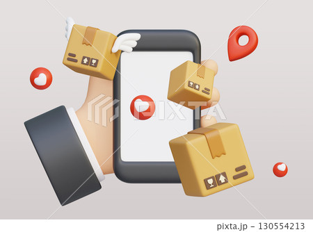 cartoon style Package Box with Hand holding a smartphone 3D graphic 130554213