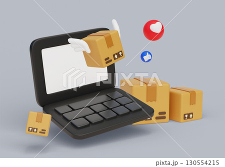 cartoon style Package Box with laptop 3D graphic cartoon style Package Box with laptop 3D graphic 130554215