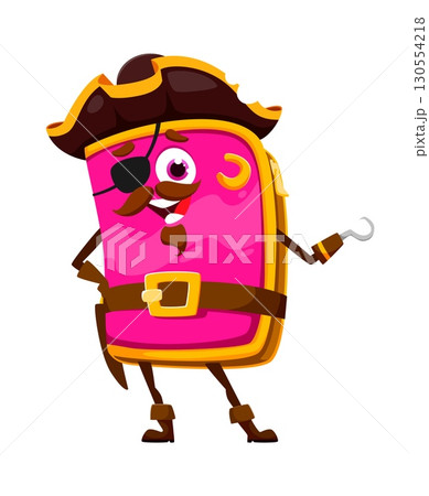 Cartoon pencil case education school stationery pirate and corsair crew character with hand hook and mustaches. Isolated vector mischievous captain personage embodies swashbuckling adventurous vibe 130554218