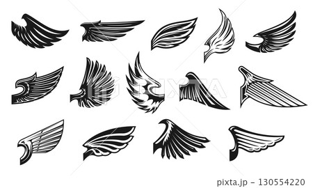 Eagle angel and cupid wings. Isolated vector set of black and white wings silhouettes in various shapes and line styles, for tattoos, emblems, decals, symbolizing freedom, speed, power or flight Eagle angel and cupid wings. Isolated vector set of black and white wings silhouettes in various shapes and line styles, for tattoos, emblems, decals, symbolizing freedom, speed, power or flight 130554220