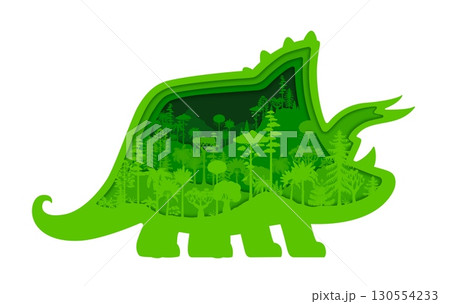 Triceratops dinosaur silhouette with prehistoric era jungle forest landscape. Vector 3d jurassic dinosaur animal frame with paper cut green plants, ancient pine and palm trees nature background 130554233