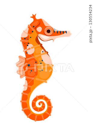 Cartoon orange seahorse with vibrant patterns and curled tail. Isolated vector aquatic underwater animal. Caribbean pirates or corsairs icon for marine themed children books, education or games 130554234