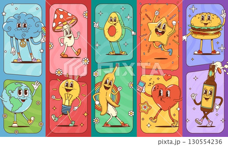 Groovy characters collage. Playful cartoon vector cloud, amanita mushroom, avocado, banana, earth, heart, burger, bottle, and star with expressive faces and dynamic poses in colorful retro backgrounds 130554236