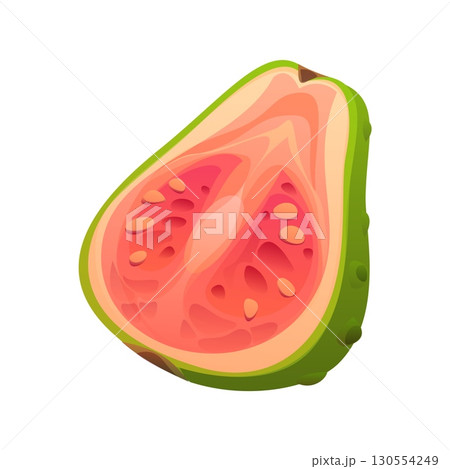 Cartoon tropical ripe raw halved guava fruit with light green skin and pink juicy pulp filled with small edible seeds. Isolated vector fresh sweet and aromatic exotic plant rich in vitamin C and fiber 130554249