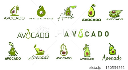 Farm avocado, juice and oil icons with fresh green fruit halves, leaves and seeds. Vector vegetable food products, healthy avocado oil, juice and vegetarian meal ingredient isolated symbols 130554261