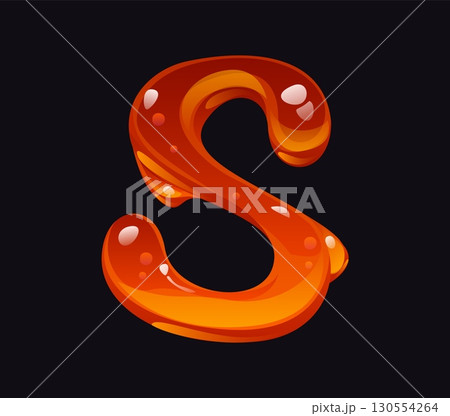 Sweet honey cartoon font letter S. Tasty amber flow cartoon font letter, sweet candy vector type element. Liquid caramel English alphabet symbol or yellow honey ABC typeset sign 130554264