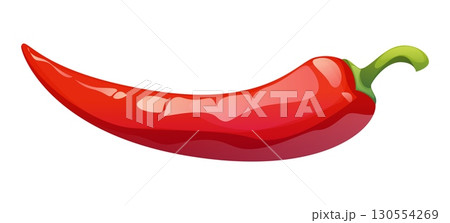 Cartoon raw ripe chili pepper. Isolated vector whole, vibrant, red chilly pod, jalapeno or guindilla vegetable with spicy flavor. Mexican cuisine ingredient, Cayenne hot pepper with curve slender form 130554269