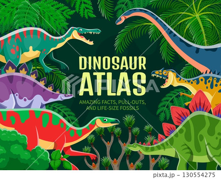 Prehistoric dinosaur atlas book cover or poster with dino characters at jungle landscape. Cartoon vector storybook with ancient reptile creature species in lush, green environment with tropical plants 130554275