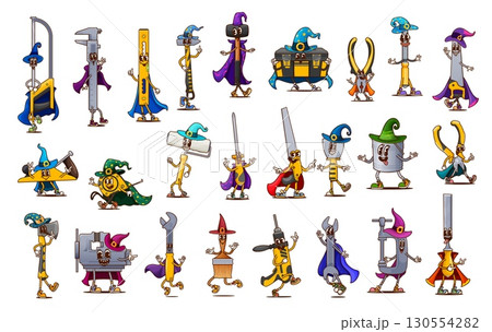 Halloween groovy construction tools characters in costumes. Cartoon vector funny smiling hacksaw, caliper, spirit level and hammer. Mallet, toolbox, pliers and file, wrench, ruler and measuring tape Halloween groovy construction tools characters in costumes. Cartoon vector funny smiling hacksaw, caliper, spirit level and hammer. Mallet, toolbox, pliers and file, wrench, ruler and measuring tape 130554282